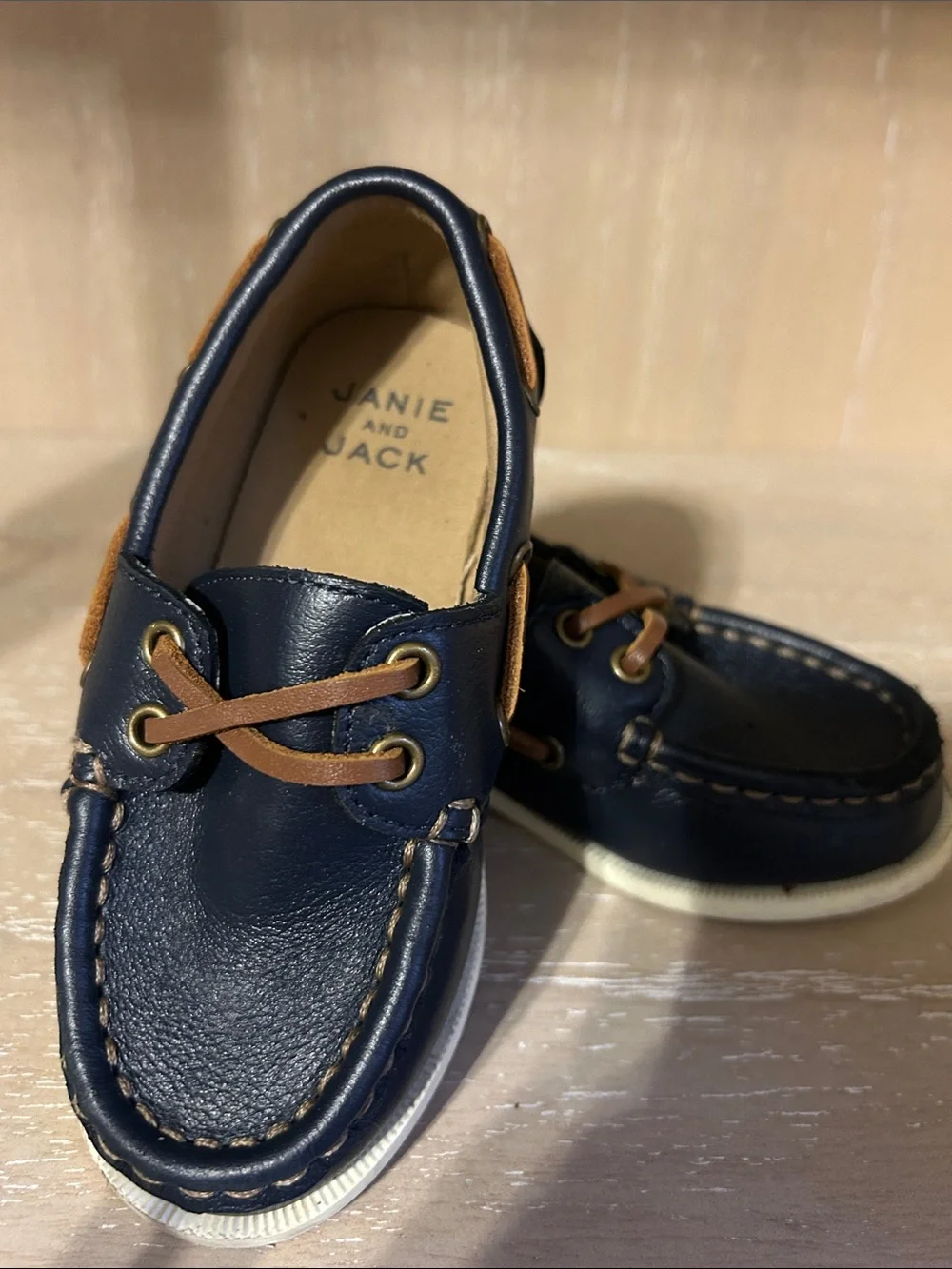 Janie and Jack Navy Leather Moccasins with Brown Laces